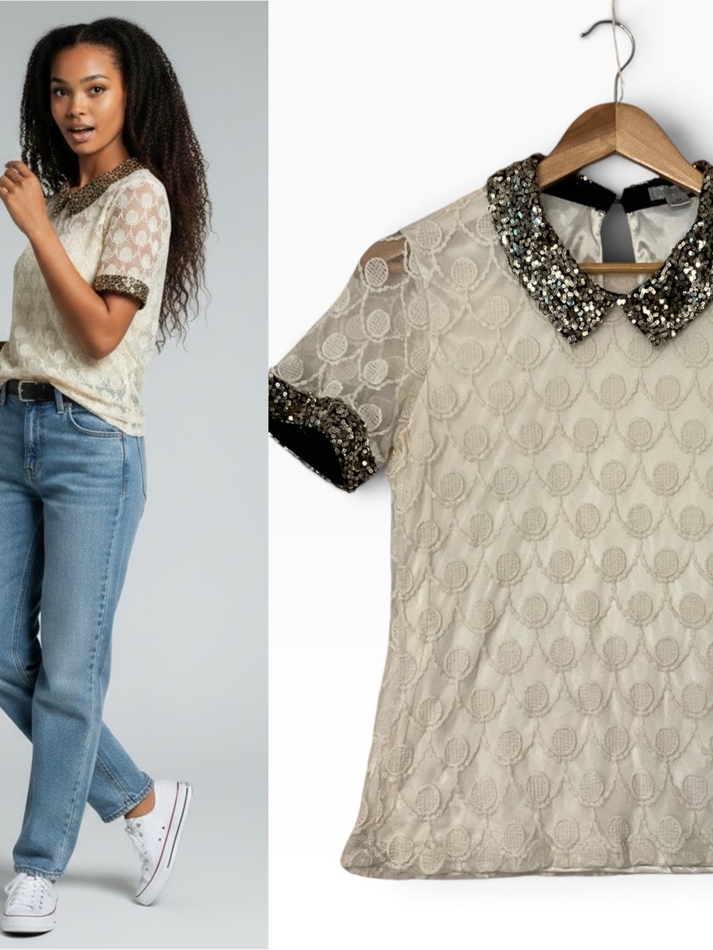ISSI sz Med Js Lace Top Sequined Collar and Cuffs Short Sleeves Cream Gold Blac